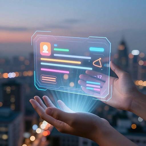 Photograph of hands hovering over a glowing, neon-lit digital interface above a cityscape at dusk, with colorful lines and icons.