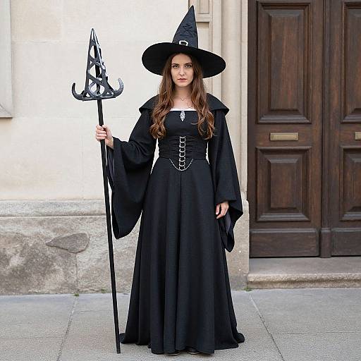 Photograph of a young woman with long brown hair in a black witch costume, holding a trident, standing in front of a wooden door.
