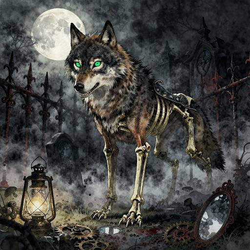 Skeletal Wolf in Gothic Moonlit Cemetery