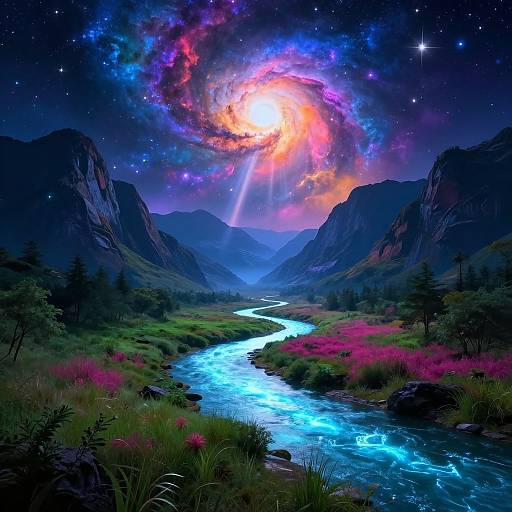 Digital artwork: Vibrant night sky with a colorful galaxy above, illuminating a serene mountain valley with a glowing blue river winding through pink and green grass