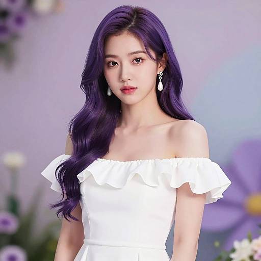 Young Woman with Purple Hair in White Dress