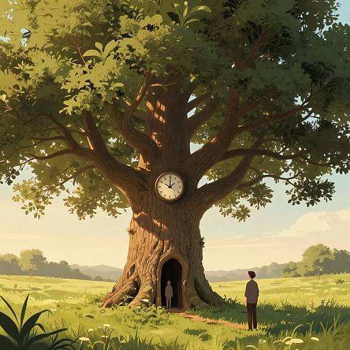 Surreal Tree with Clock in Meadow