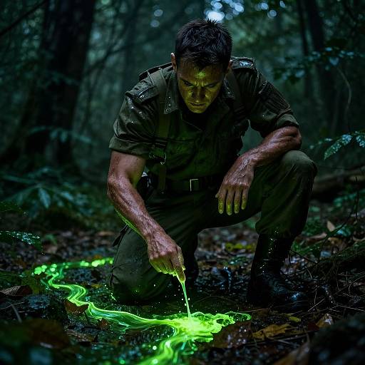 Soldier Examines Neon Bioluminescent Fluid