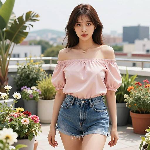 Chic Woman in Vibrant Rooftop Garden