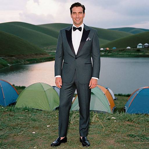 Photograph of a smiling man in a dark gray tuxedo with black bow tie, standing in front of a lake with colorful tents on grassy