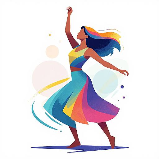 Digital illustration of a dancing woman with dark skin, wearing a colorful, flowing dress, and a rainbow-hued headscarf, raising her arm gracefully