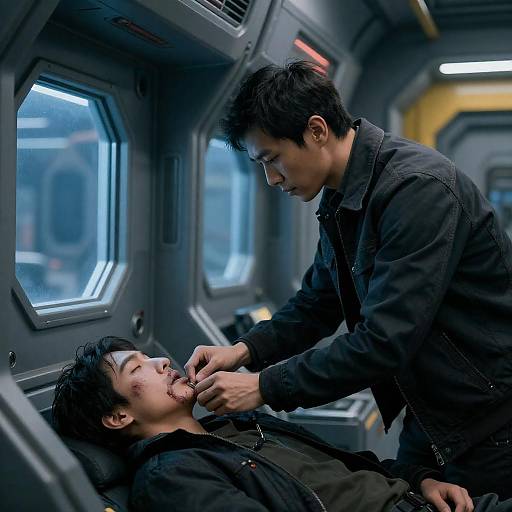 Blue-Lit Futuristic Medbay Rescue Scene