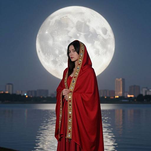 Photograph: Indian woman in red traditional attire with gold trim, hooded, standing before a large, luminous full moon over a calm lake with