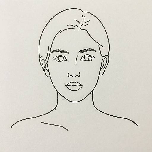 Black and white line drawing of a youthful, androgynous face with short hair, neutral expression, and minimalistic details.