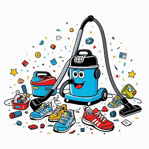 Animated Vacuum Cleaner with Sneakers and Scattered Toys