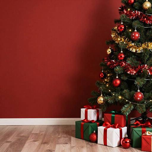 Photograph of a decorated Christmas tree with red and gold ornaments beside green and white gift boxes with red ribbons, against a red wall and wooden floor