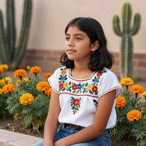 Photograph of a young girl with medium brown skin and black hair, wearing a white embroidered blouse and blue jeans, seated among vibrant orange marigolds