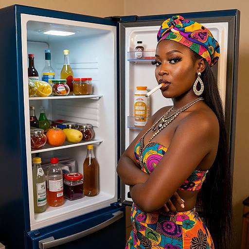 Photograph of a confident Black woman with dark skin, wearing a colorful, patterned dress and headscarf, standing in front of an open refrigerator