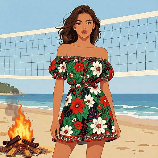 Digital illustration of a beautiful woman with long brown hair in a floral off-shoulder dress, standing on a sunny beach with a volleyball net, and