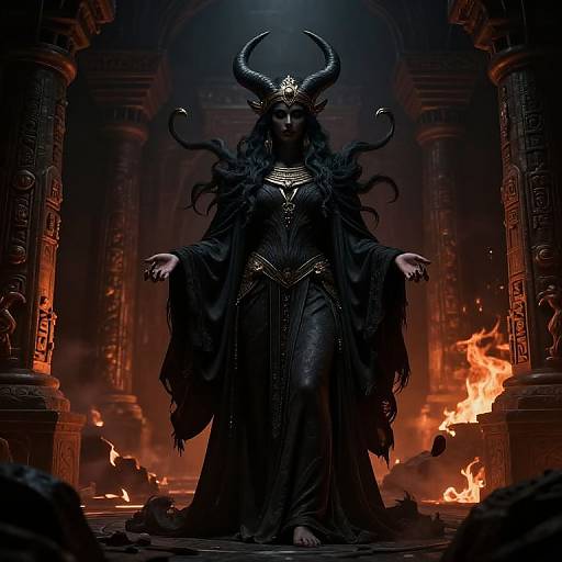 Digital art of a dark, horned queen with long black hair, wearing a black, flowing gown, standing in a fiery, gothic temple.