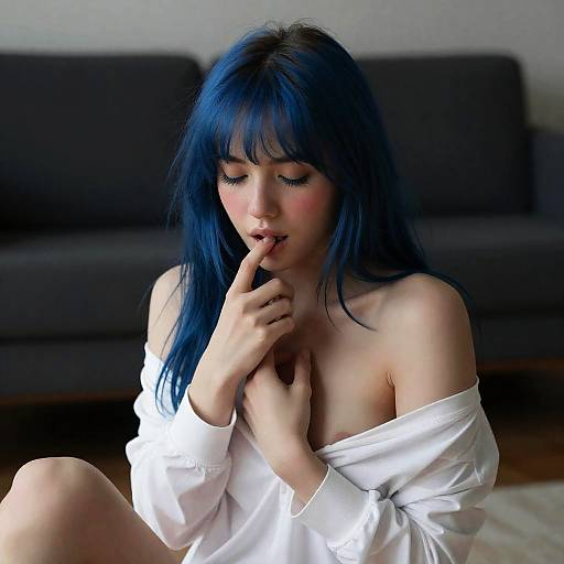 Woman with Blue Hair in White Shirt