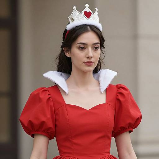 Photograph of a young woman with fair skin, dark hair, wearing a white crown with a red heart, and a red dress with puffed sleeves