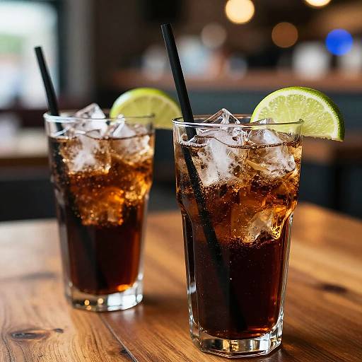 Photograph of two tall glasses with dark brown iced drinks, lime wedges, and black straws, on a wooden table in a blurred,