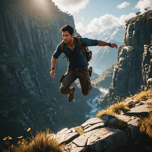 Nathan Drake Jumping Over Cliff in Mountainous Terrain