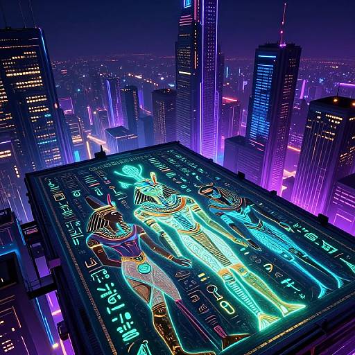 Neon-lit digital mural on skyscraper rooftop, featuring glowing, futuristic, abstract human figures, surrounded by vibrant purple, blue, and pink city