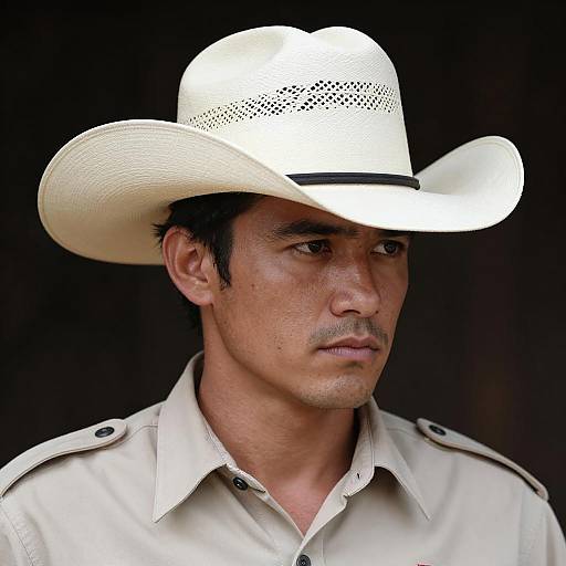 Serious man in white cowboy hat and beige shirt