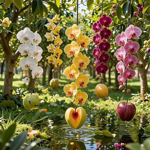 Photograph of colorful orchids and apples hanging above a reflective pond, with sunlight filtering through lush green trees in the background.