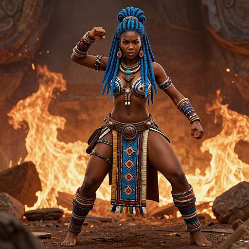 Photograph of a strong, dark-skinned woman with blue dreadlocks, wearing tribal attire, standing confidently in front of a roaring fire, with detailed