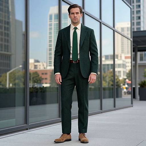 Photograph of a serious, handsome man in a black suit, white shirt, green tie, and brown shoes, standing in front of a modern glass