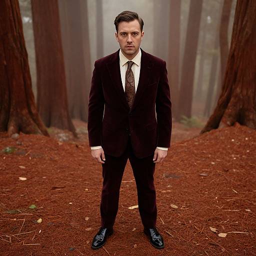 Photograph of a serious, fair-skinned man with short brown hair, wearing a black suit, white shirt, and black tie, standing in a