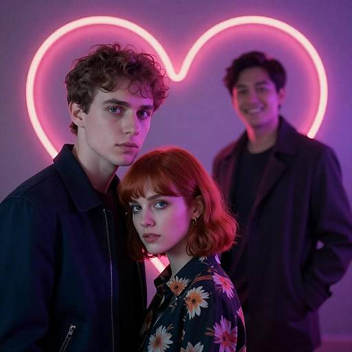 Couple and friend under neon heart light