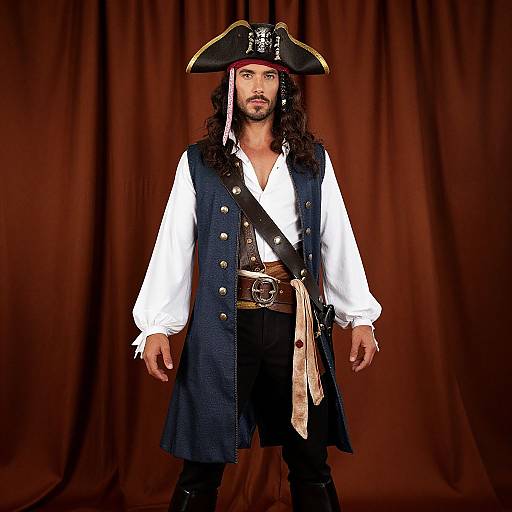 Photograph of a man with long brown hair and beard, dressed as a pirate in a black tricorn hat, white shirt, and navy blue coat
