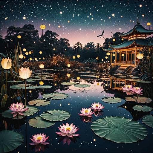 Serene Lotus Pond with Glowing Lanterns at Night