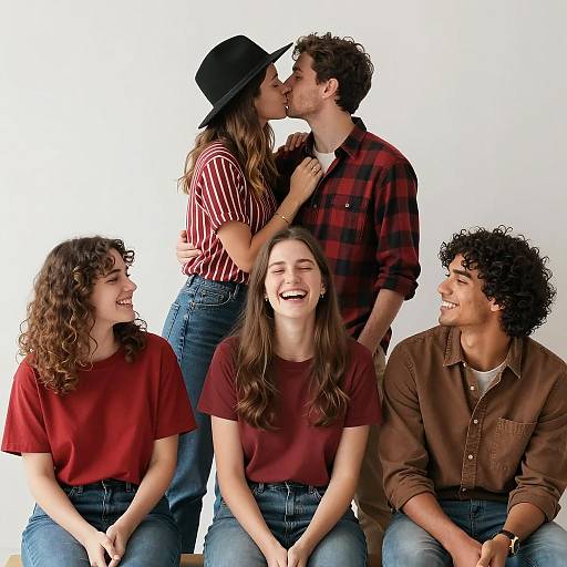 Joyful Group Photo with Embracing Couple