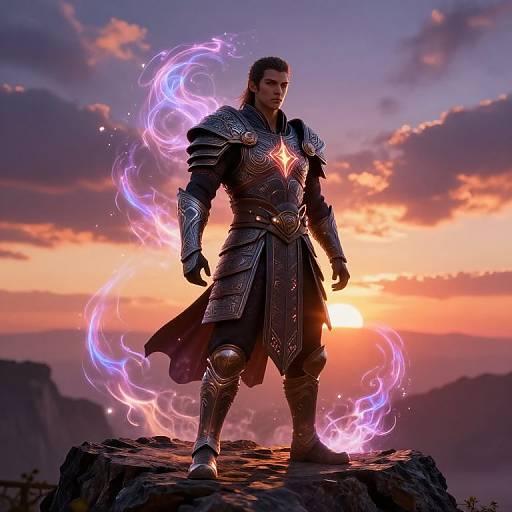 Digital art of a muscular man in ornate, glowing purple and silver armor standing on a rock, surrounded by swirling purple energy, against a sunset sky