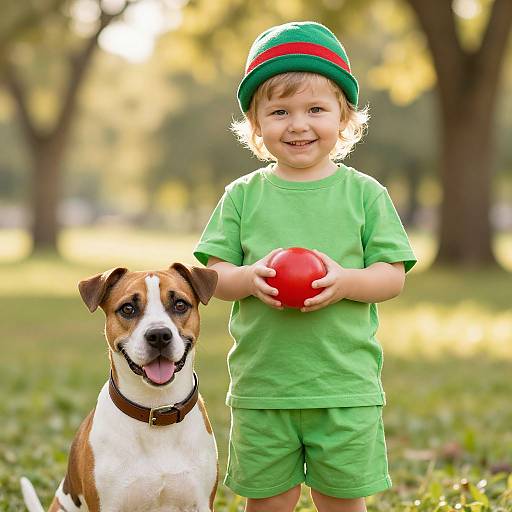 Photograph of a smiling toddler in a green shirt, green shorts, and green elf hat holding a red ball, standing beside a happy brown and white