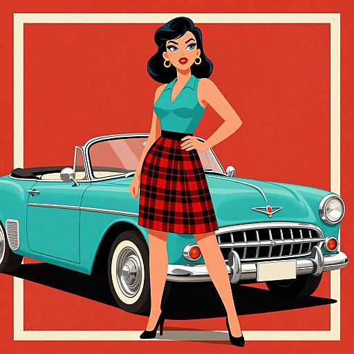 Cartoon-style drawing of a curvy woman with black hair, red plaid skirt, teal top, and black heels, standing confidently in front of
