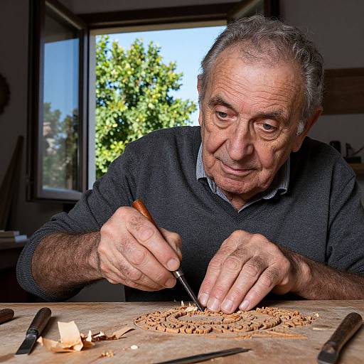 Photograph of an elderly man with gray hair and wrinkles, wearing a dark sweater, meticulously carving wood with a small knife in a sunlit workshop.