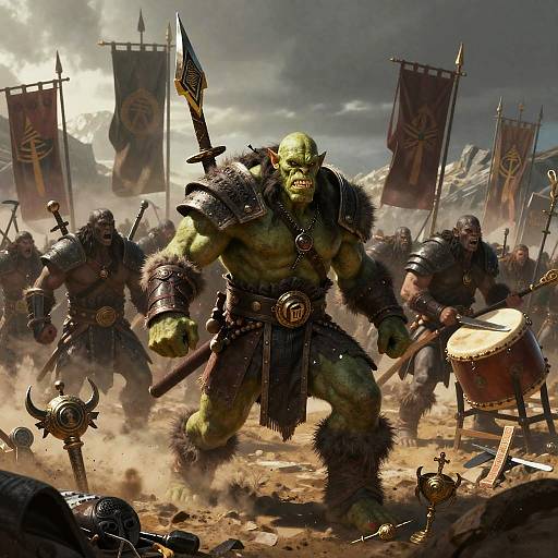 Digital painting of a fierce green-skinned orc warrior in metal armor, wielding a spear, leading a battle with fellow warriors, banners, and drums in