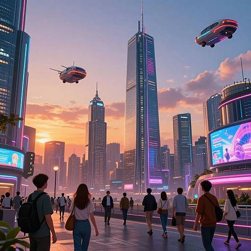 Digital artwork of a futuristic city at sunset, featuring flying cars, neon-lit skyscrapers, and pedestrians walking in a vibrant, illuminated plaza.