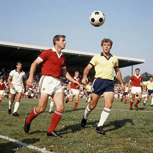 Photograph of two male soccer players in mid-action; one in red uniform, the other in yellow, chasing a black-and-white ball on a grass