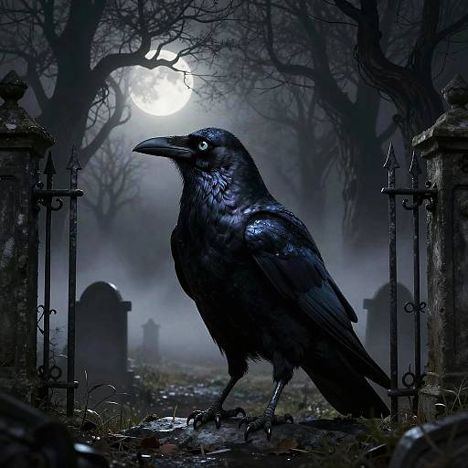Digital artwork of a glossy black crow standing in a foggy, moonlit cemetery with bare trees and iron gateposts, surrounded by old gravestones