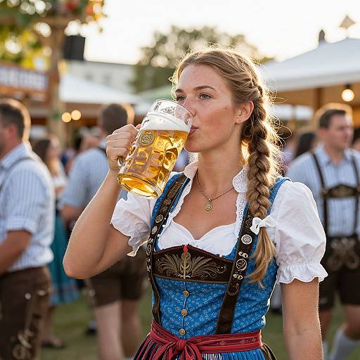 Photograph: Blonde woman in traditional German dirndl drinking beer at outdoor Oktoberfest, surrounded by people in similar attire, soft evening light.