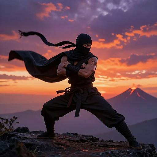 Photograph of a muscular ninja with black mask, scarf, and attire, standing in a dramatic, sunset-lit mountain landscape, arms crossed and ready