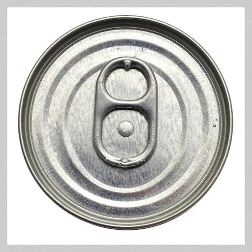 Close-up photograph of a metallic can top with a circular design, featuring a raised central indentation and a smaller inner circle, all against a white background.