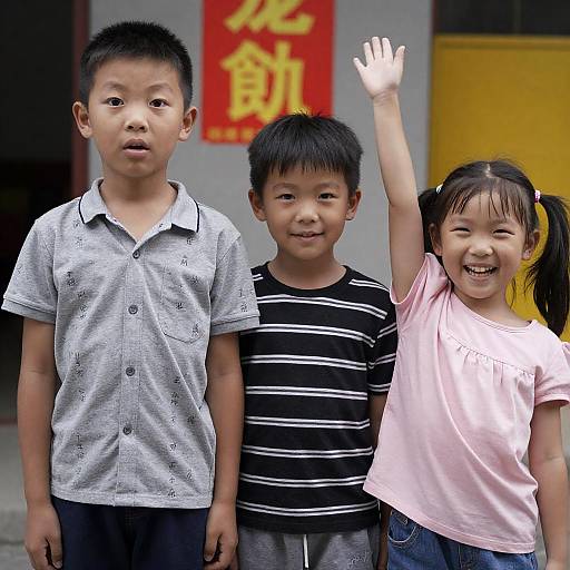 Joyful Moment of Three Asian Children