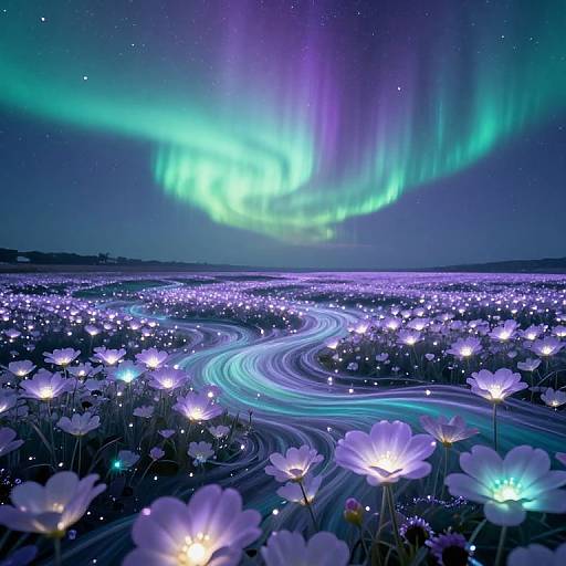 Photograph of a magical night scene with glowing white flowers, a winding blue-lit path, and vibrant green-purple auroras above a starry sky