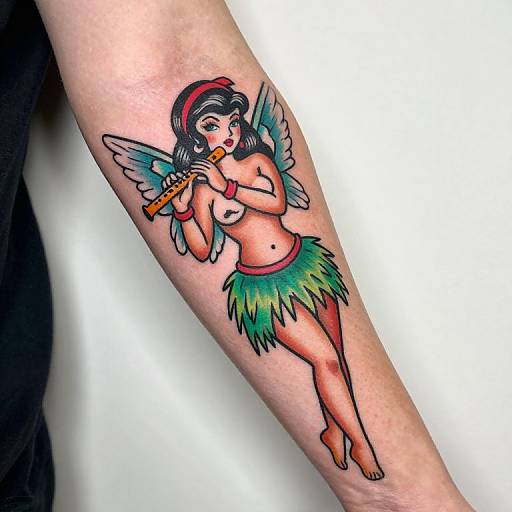 Tattoo of a cartoon-style, topless fairy with green skirt, playing a flute, on a human arm. Bright colors, winged,