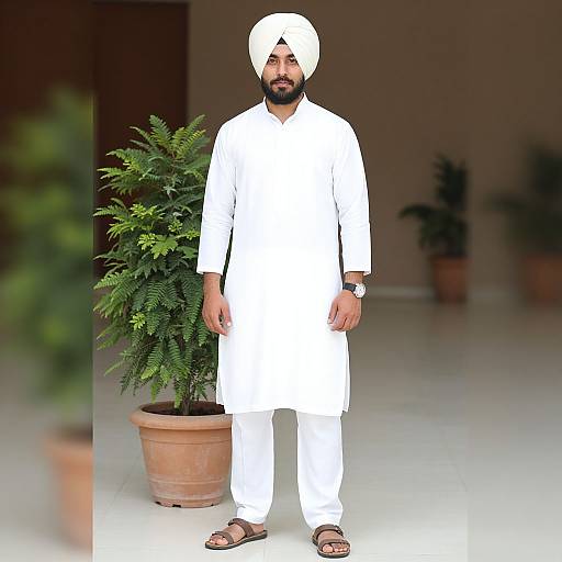 Photograph of a bearded South Asian man in white traditional attire, white turban, brown sandals, standing indoors with potted plants.