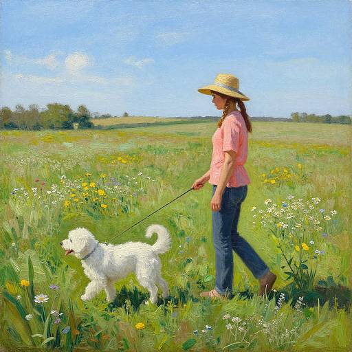 Digital painting of a woman in a straw hat, pink shirt, and blue jeans, walking a white fluffy dog in a sunny meadow with yellow and