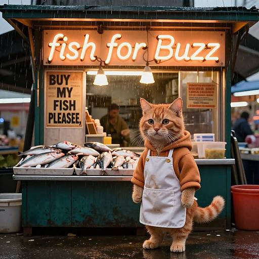Cute Cat Fish Stall Neon Night